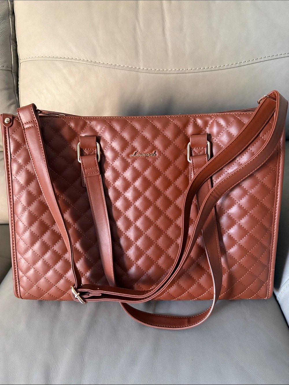 Quilted Cognac Tote Bag with Adjustable Strap